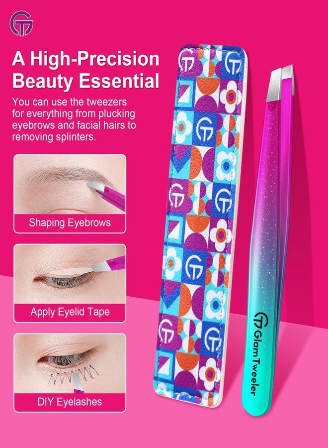 GlamTweeler ملقط خبير ذو طرف مائل مع حافظة جلدية، ملقط GlamTweeler حاد ودقيق من الفولاذ المقاوم للصدأ لإزالة الحواجب وشعر الوجه والشعر الناعم (لون بنفسجي لامع وفيروزي) - Image 5